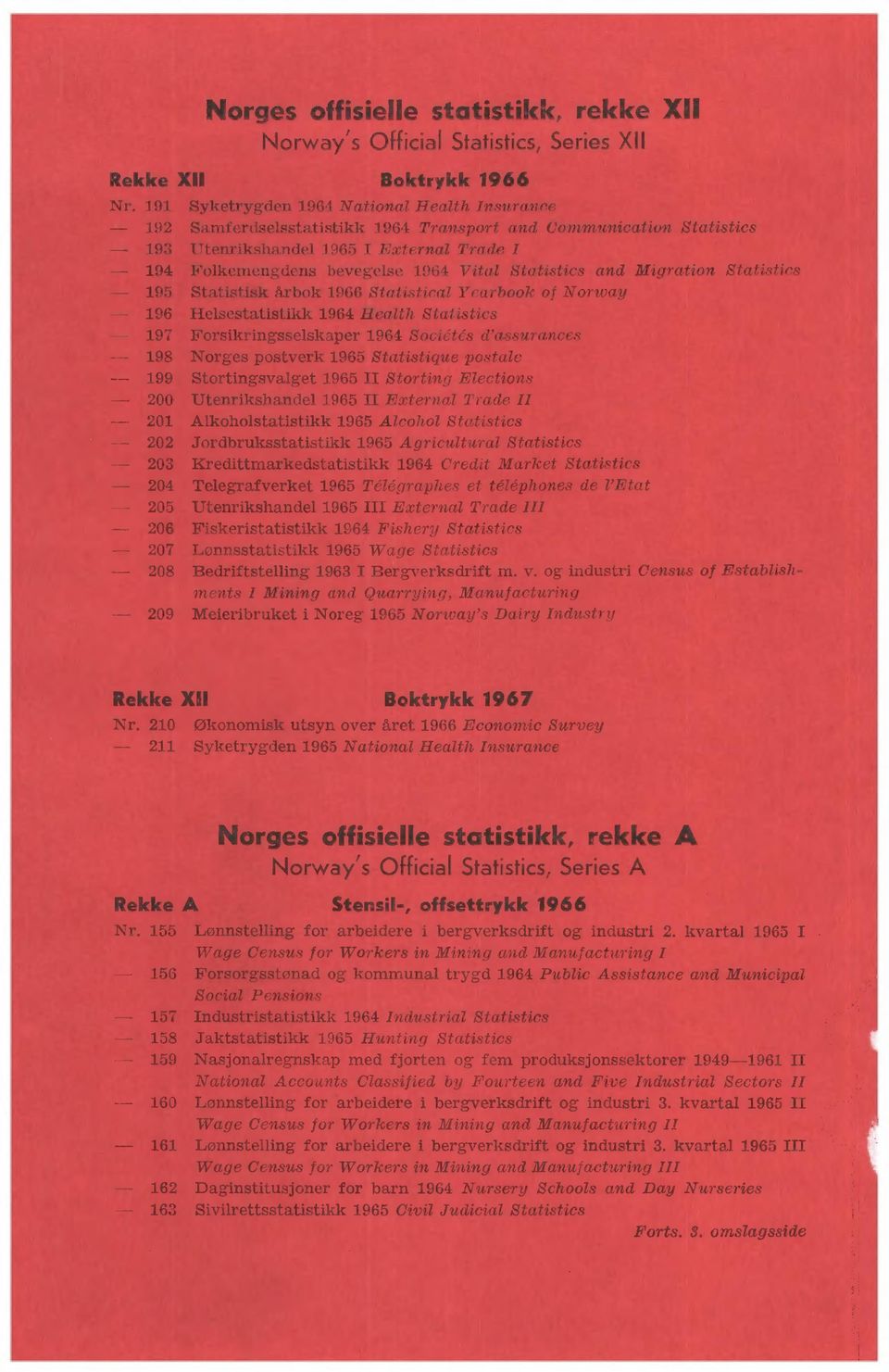 Statistics and Migration Statistics 195 Statistisk årbok 1966 Statistical Yearbook of Norway 196 Helsestatistikk 196 Health Statistics 197 Forsikringsselskaper 196 Soci6ts d'assurances 198 Norges