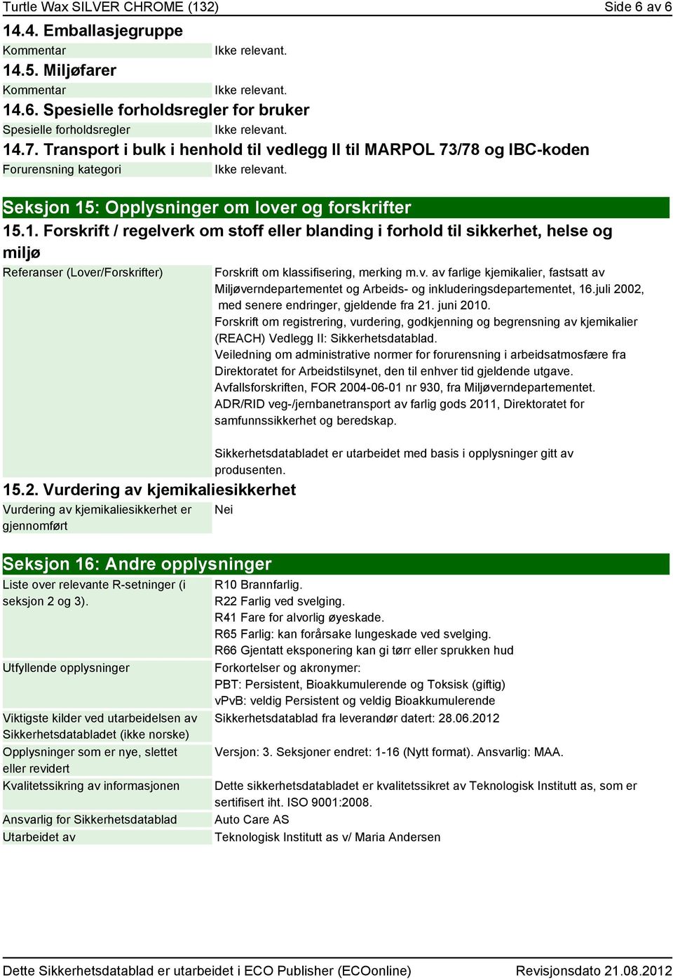 : Opplysninger om lover og forskrifter 15.1. Forskrift / regelverk om stoff eller blanding i forhold til sikkerhet, helse og miljø Referanser (Lover/Forskrifter) 15.2.