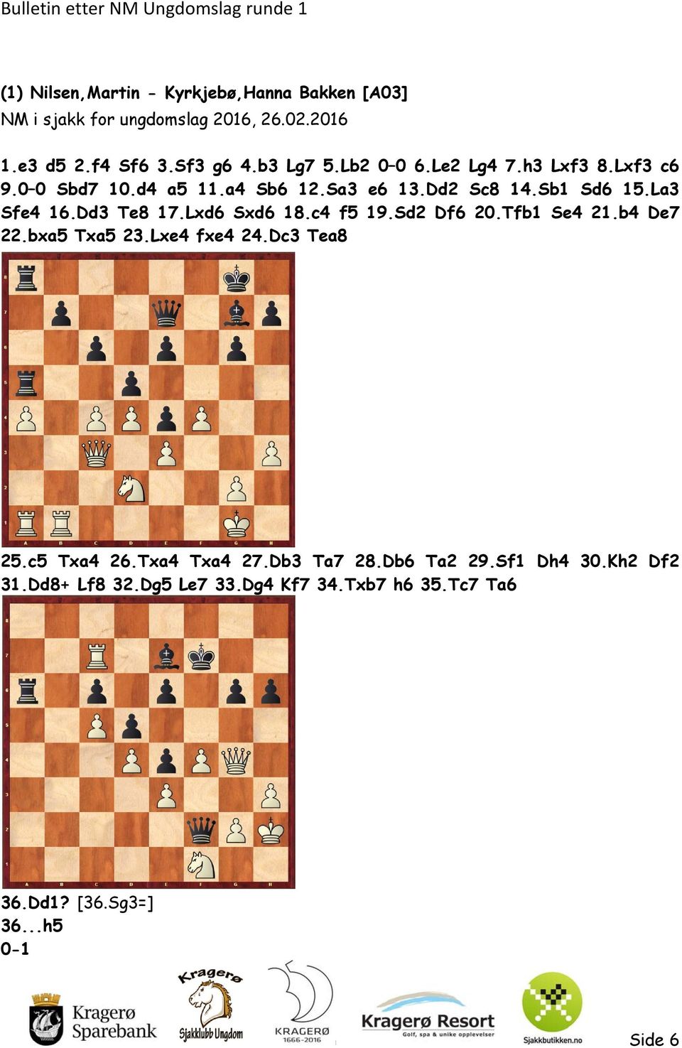 Dd3 Te8 17.Lxd6 Sxd6 18.c4 f5 19.Sd2 Df6 20.Tfb1 Se4 21.b4 De7 22.bxa5 Txa5 23.Lxe4 fxe4 24.Dc3 Tea8 25.c5 Txa4 26.