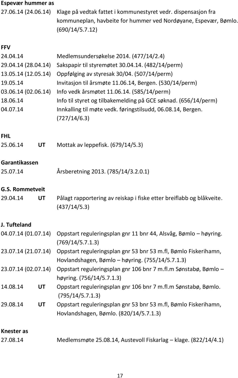 06.14, Bergen. (530/14/perm) 03.06.14 (02.06.14) Info vedk årsmøtet 11.06.14. (585/14/perm) 18.06.14 Info til styret og tilbakemelding på GCE søknad. (656/14/perm) 04.07.14 Innkalling til møte vedk.