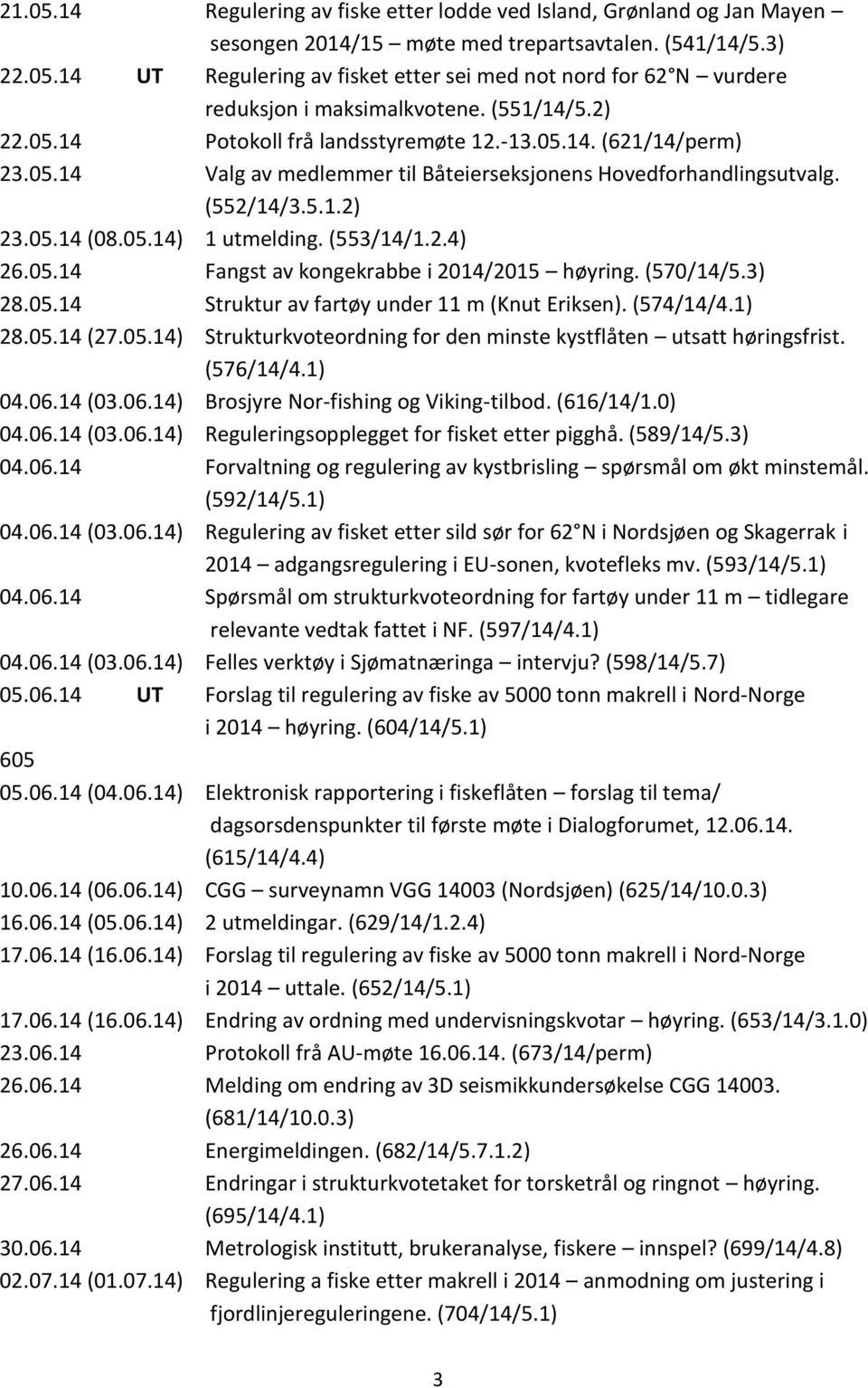 (553/14/1.2.4) 26.05.14 Fangst av kongekrabbe i 2014/2015 høyring. (570/14/5.3) 28.05.14 Struktur av fartøy under 11 m (Knut Eriksen). (574/14/4.1) 28.05.14 (27.05.14) Strukturkvoteordning for den minste kystflåten utsatt høringsfrist.