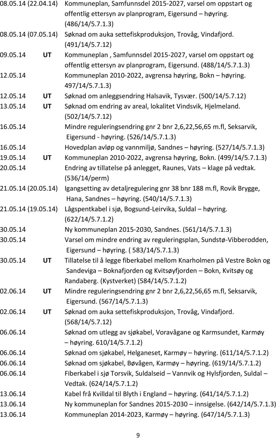 497/14/5.7.1.3) 12.05.14 UT Søknad om anleggsendring Halsavik, Tysvær. (500/14/5.7.12) 13.05.14 UT Søknad om endring av areal, lokalitet Vindsvik, Hjelmeland. (502/14/5.7.12) 16.05.14 Mindre reguleringsendring gnr 2 bnr 2,6,22,56,65 m.