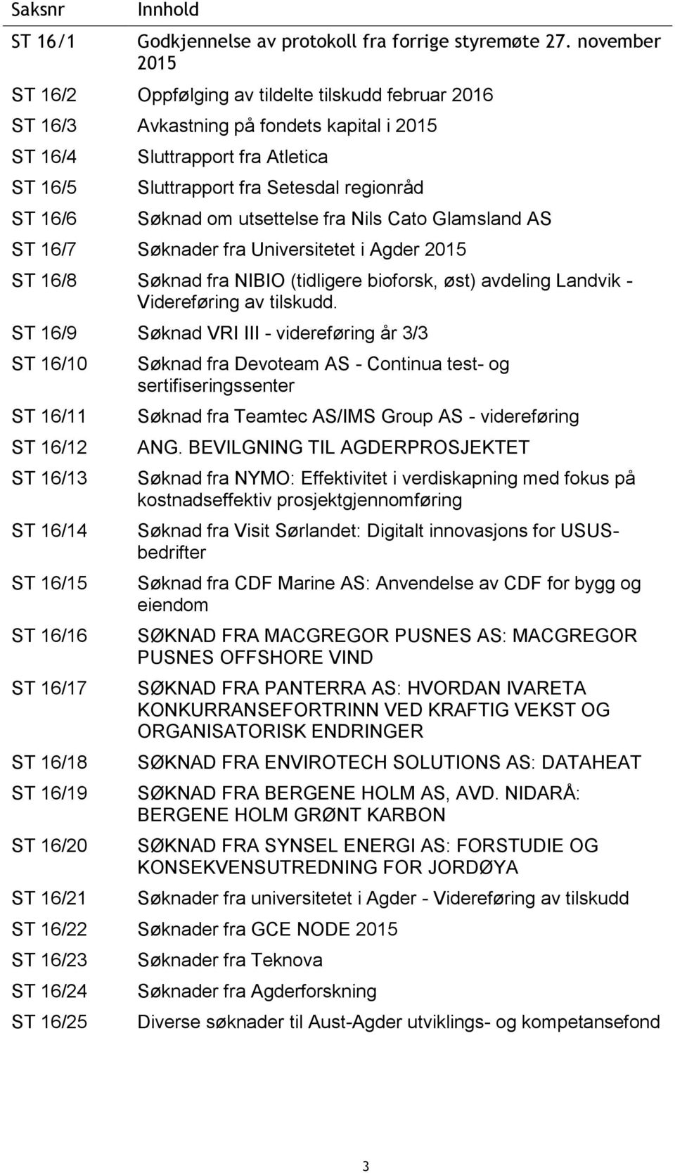 Søknad om utsettelse fra Nils Cato Glamsland AS ST 16/7 Søknader fra Universitetet i Agder 2015 ST 16/8 Søknad fra NIBIO (tidligere bioforsk, øst) avdeling Landvik - Videreføring av tilskudd.