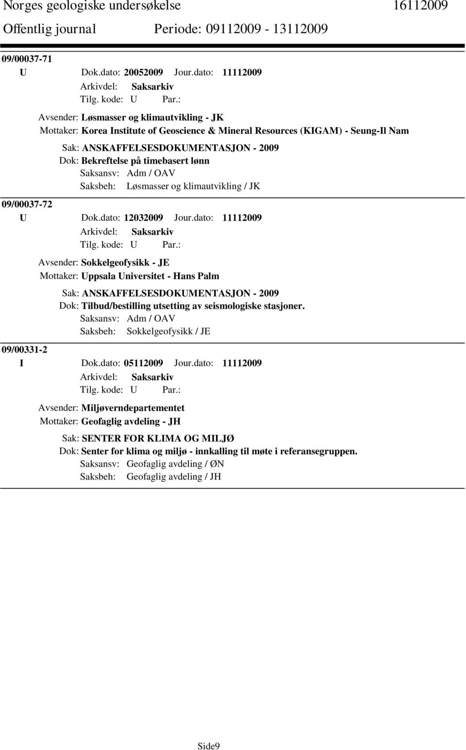 timebasert lønn Saksansv: Adm / OAV Saksbeh: Løsmasser og klimautvikling / JK 09/00037-72 U Dok.dato: 12032009 Jour.