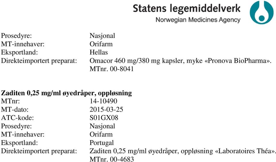 00-8041 Zaditen 0,25 mg/ml øyedråper, oppløsning MTnr: 14-10490 MT-dato: