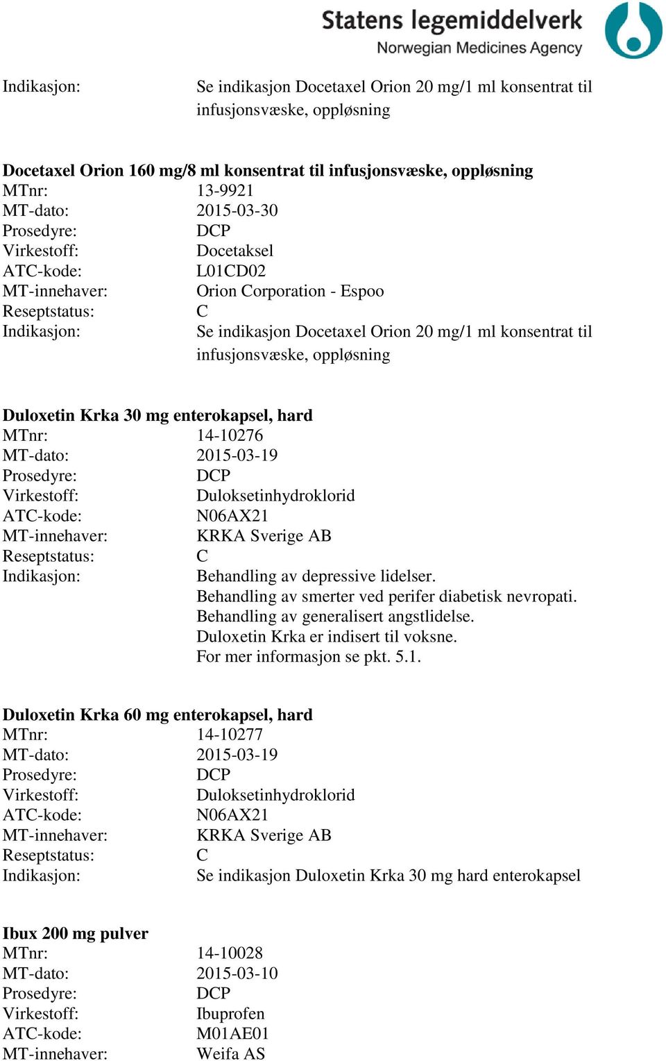 2015-03-19 DP Duloksetinhydroklorid N06AX21 KRKA Sverige AB Behandling av depressive lidelser. Behandling av smerter ved perifer diabetisk nevropati. Behandling av generalisert angstlidelse.