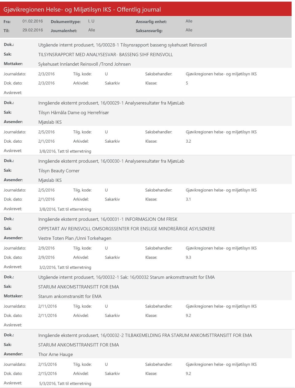 2 3/8/216, Tatt til etterretning Inngående eksternt produsert, 16/3-1 Analyseresultater fra MjøsLab Tilsyn Beauty Corner Mjøslab IKS Journaldato: 2/5/216 Tilg. kode: 2/1/216 3.