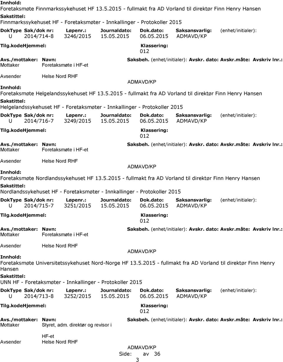 05.2015 06.05.2015 Foretaksmøte i HF-et Foretaksmøte Nordlandssykehuset HF 13.5.2015 - fullmakt fra AD Vorland til direktør Finn Henry Hansen Nordlandssykehuset HF - Foretaksmøter - Innkallinger - Protokoller 2015 U 2014/715-7 3251/2015 15.