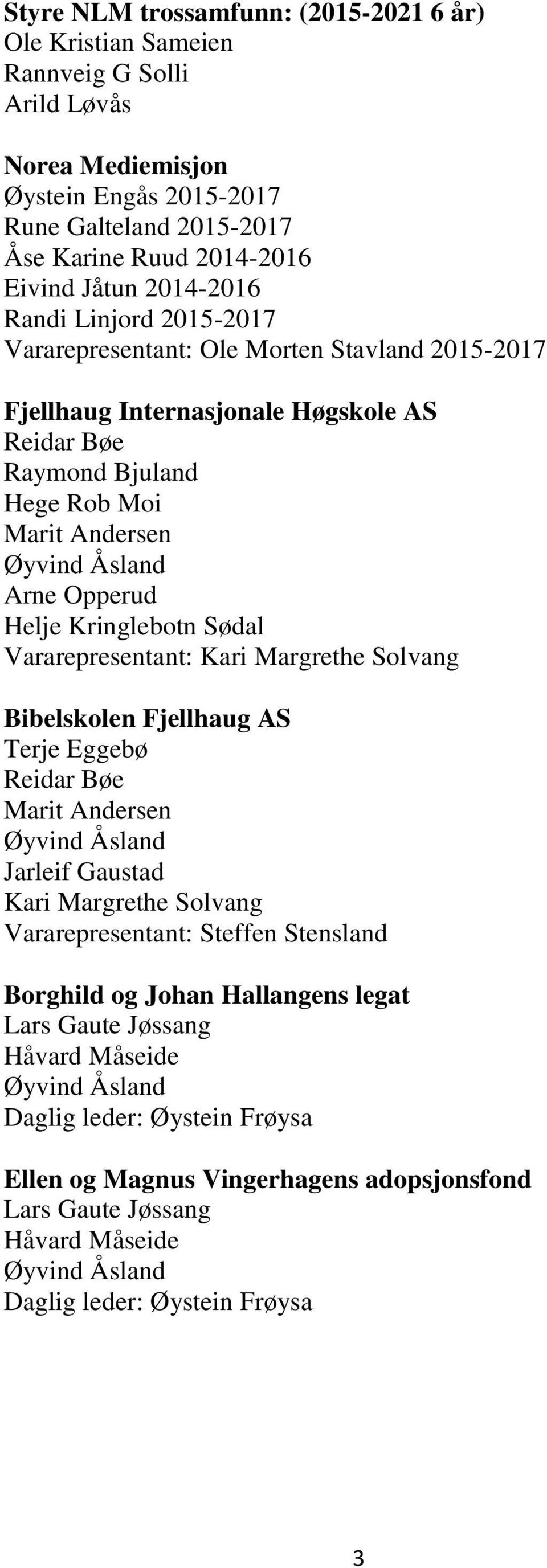 Kringlebotn Sødal Vararepresentant: Kari Margrethe Solvang Bibelskolen Fjellhaug AS Terje Eggebø Reidar Bøe Marit Andersen Jarleif Gaustad Kari Margrethe Solvang Vararepresentant: Steffen