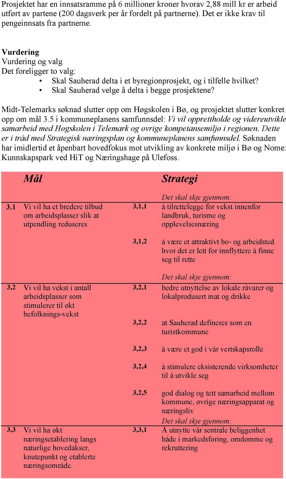 Midt-Telemarks søknad slutter opp om Høgskolen i Bø, og prosjektet slutter konkret opp om mål 3.