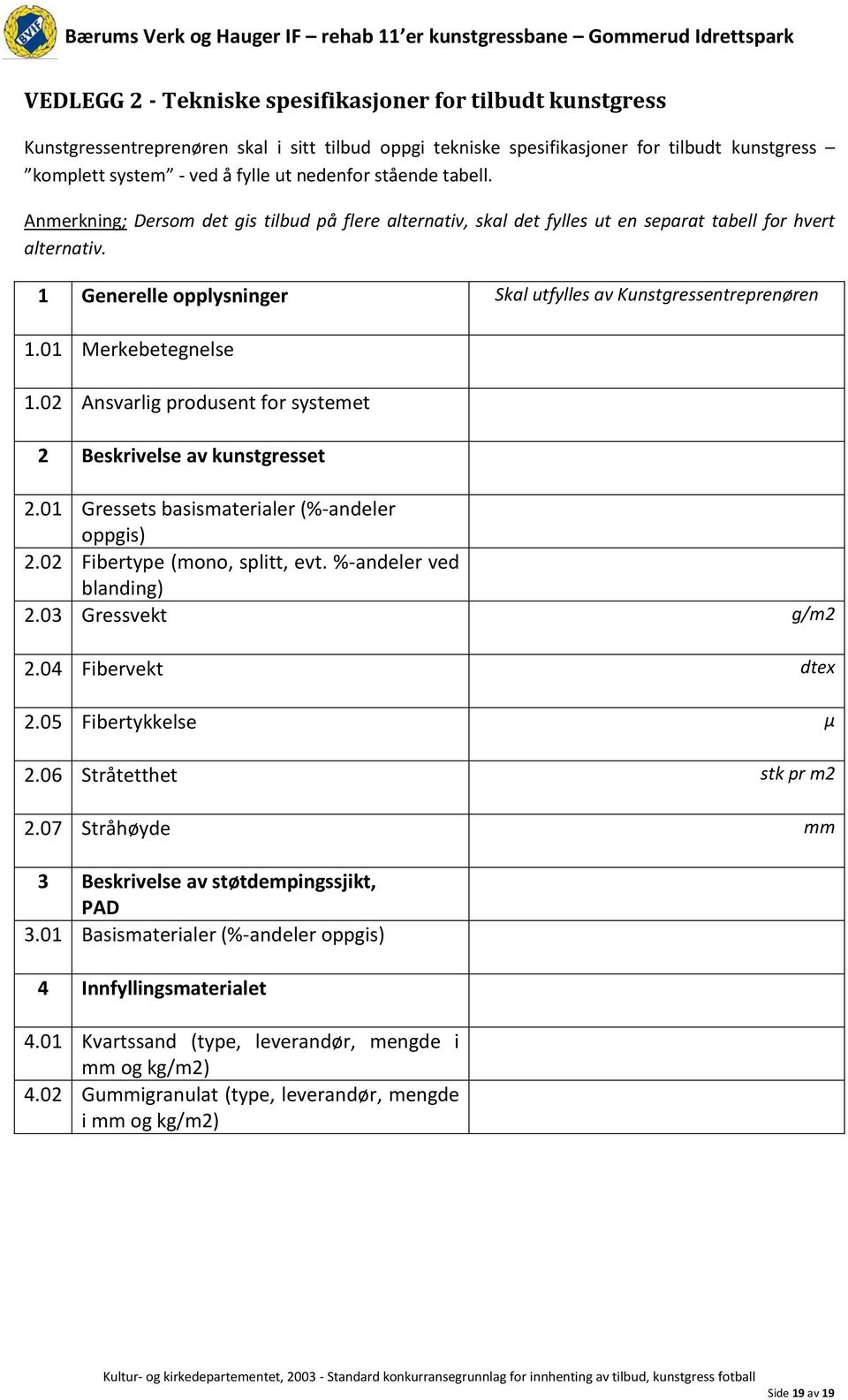 01 Merkebetegnelse 1.02 Ansvarlig produsent for systemet 2 Beskrivelse av kunstgresset 2.01 Gressets basismaterialer (%-andeler oppgis) 2.02 Fibertype (mono, splitt, evt. %-andeler ved blanding) 2.