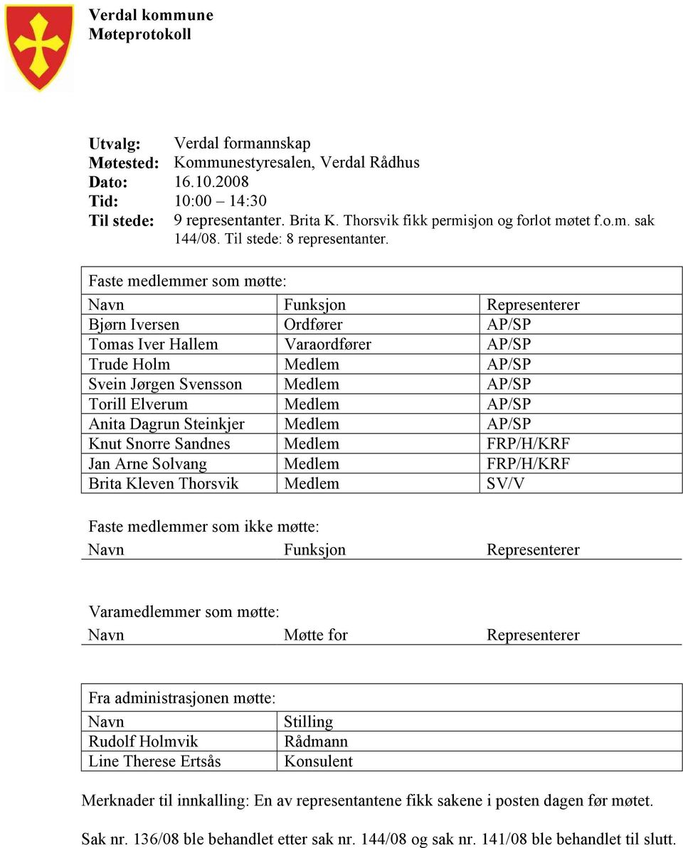 Faste medlemmer som møtte: Navn Funksjon Representerer Bjørn Iversen Ordfører AP/SP Tomas Iver Hallem Varaordfører AP/SP Trude Holm Medlem AP/SP Svein Jørgen Svensson Medlem AP/SP Torill Elverum