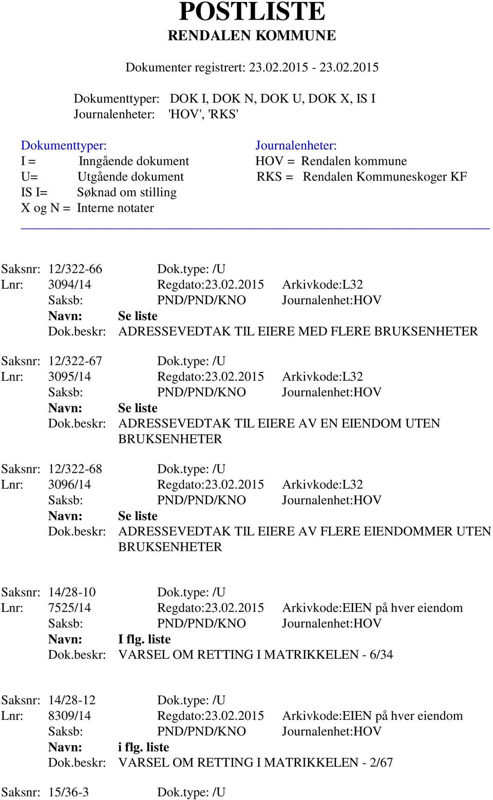 type: /U Lnr: 7525/14 Regdato:23.02.2015 Arkivkode:EIEN på hver eiendom Navn: I flg. liste Dok.beskr: VARSEL OM RETTING I MATRIKKELEN - 6/34 Saksnr: 14/28-12 Dok.type: /U Lnr: 8309/14 Regdato:23.02.2015 Arkivkode:EIEN på hver eiendom Navn: i flg.