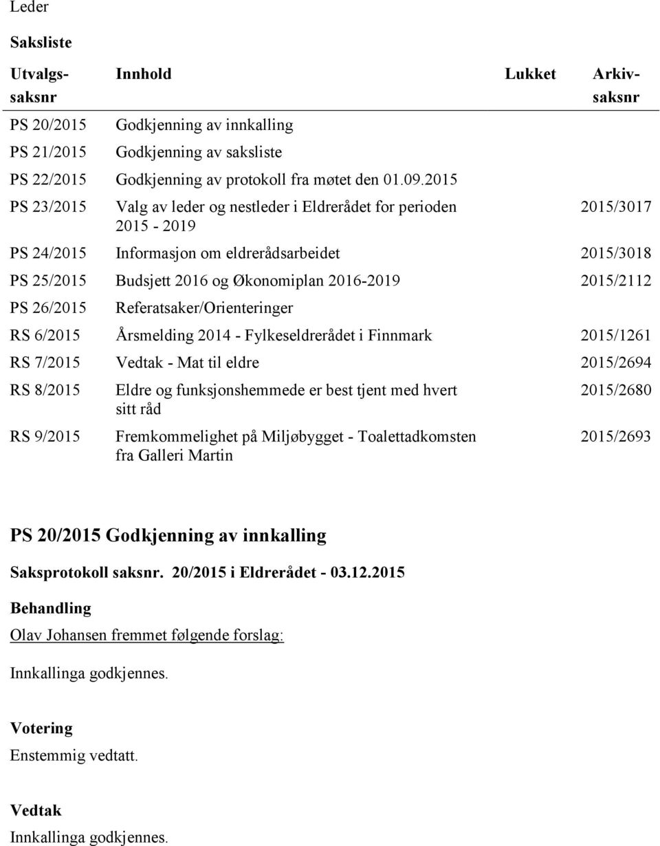 2015/2112 PS 26/2015 Referatsaker/Orienteringer RS 6/2015 Årsmelding 2014 - Fylkeseldrerådet i Finnmark 2015/1261 RS 7/2015 - Mat til eldre 2015/2694 RS 8/2015 RS 9/2015 Eldre og funksjonshemmede er