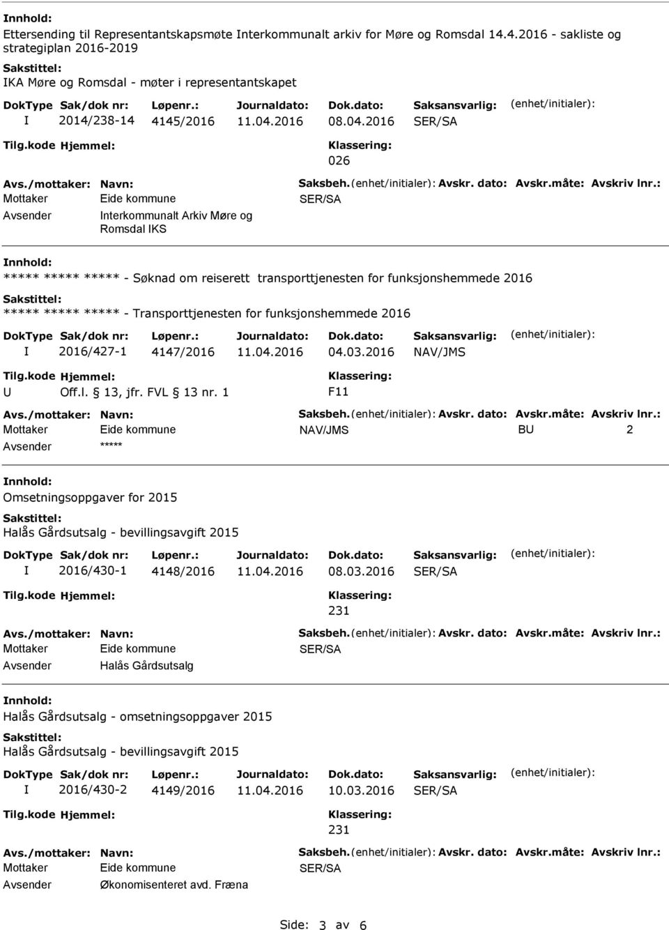 : vsender nterkommunalt rkiv Møre og Romsdal KS nnhold: ***** ***** ***** - om reiserett transporttjenesten for funksjonshemmede 2016 ***** ***** ***** - Transporttjenesten for funksjonshemmede 2016