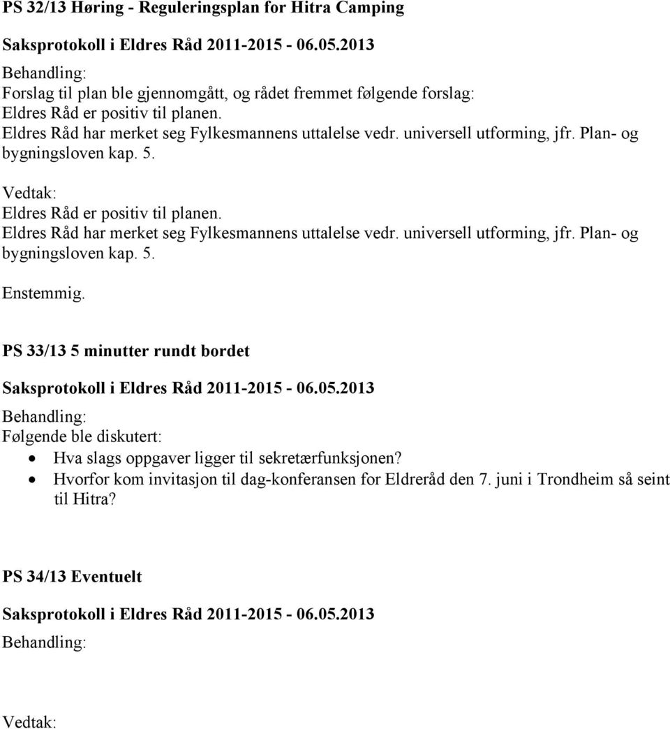 Eldres Råd har merket  PS 33/13 5 minutter rundt bordet Følgende ble diskutert: Hva slags oppgaver ligger til sekretærfunksjonen?