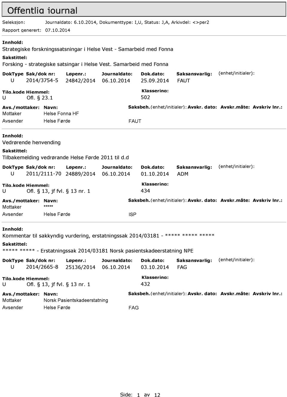 : Mottaker Helse Fonna HF FAT Vedrørende henvending Tilbakemelding vedrørande 2011 til d.d 2011/1-70 24889/2014 01.10.2014 ADM 434 Avs./mottaker: Navn: Saksbeh. Avskr. dato: Avskr.måte: Avskriv lnr.