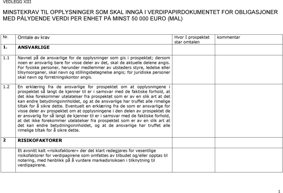 1 Navnet på de ansvarlige for de opplysninger som gis i prospektet; dersom noen er ansvarlig bare for visse deler av det, skal de aktuelle delene angis.