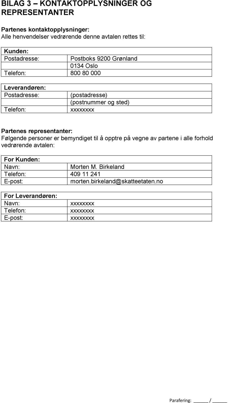 xxxxxxxx Partenes representanter: Følgende personer er bemyndiget til å opptre på vegne av partene i alle forhold vedrørende avtalen: For