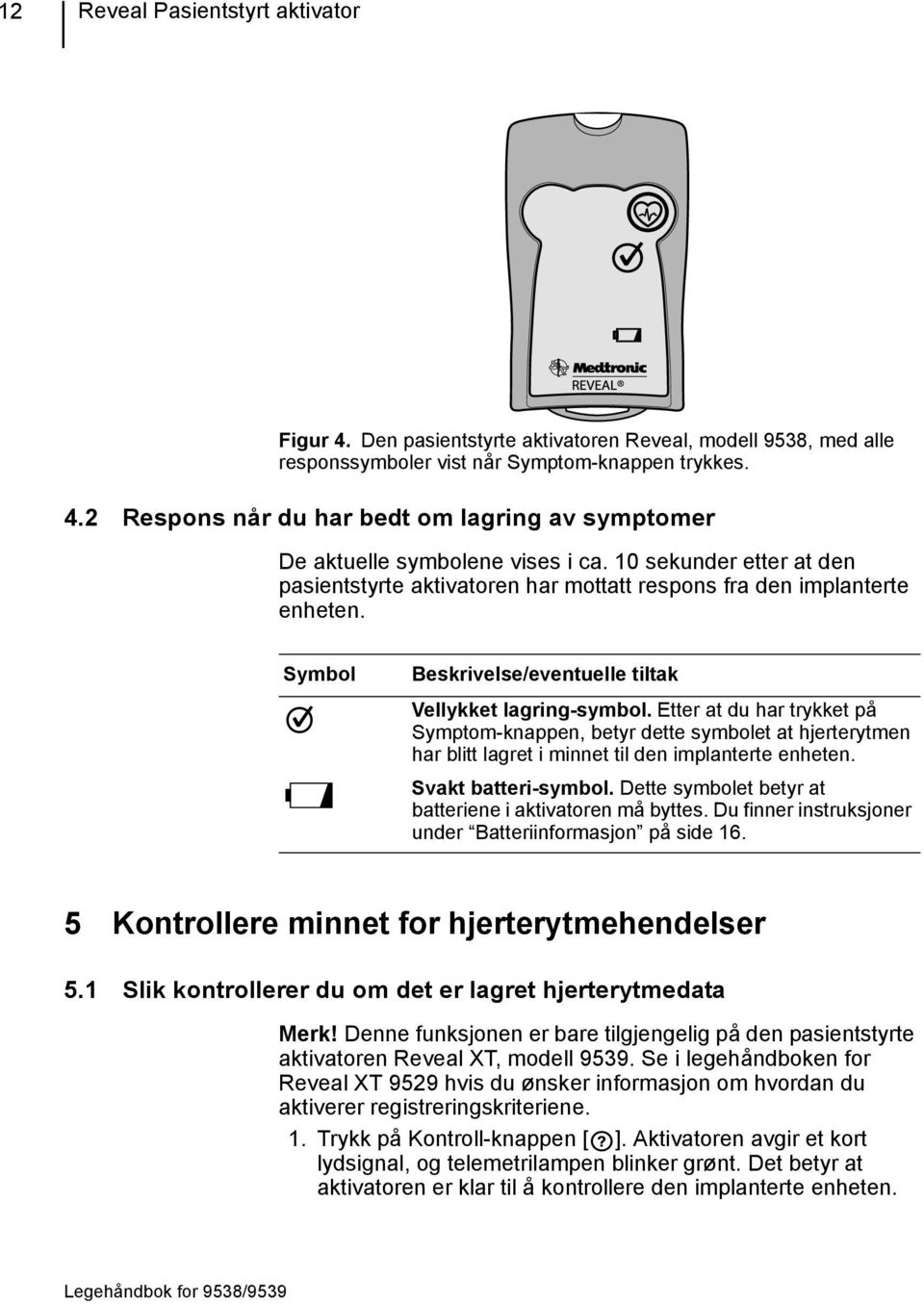 Etter at du har trykket på Symptom-knappen, betyr dette symbolet at hjerterytmen har blitt lagret i minnet til den implanterte enheten. Svakt batteri-symbol.