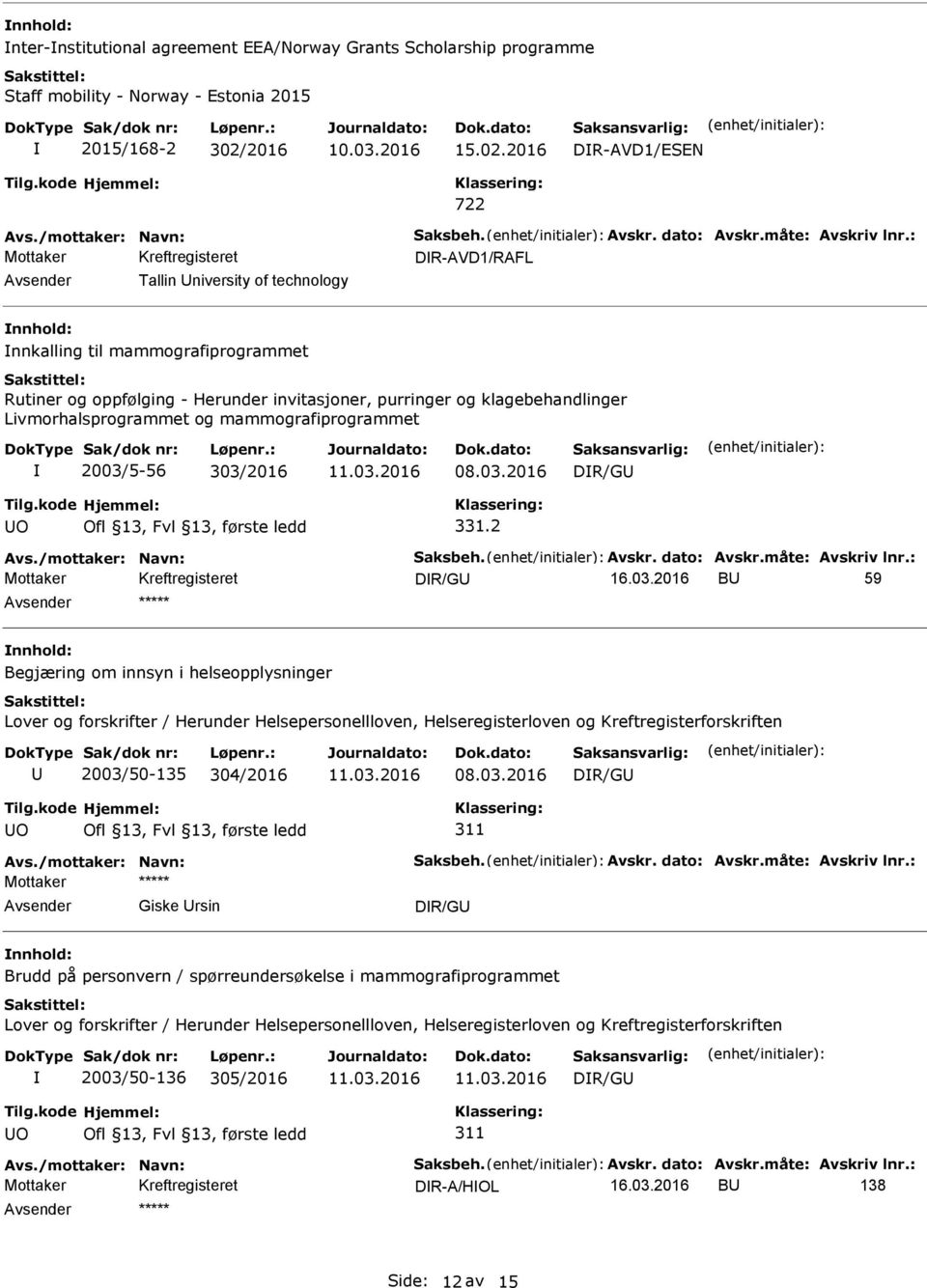 2016 DR-AVD1/ESEN DR-AVD1/RAFL Tallin niversity of technology nnkalling til mammografiprogrammet Rutiner og oppfølging - Herunder invitasjoner, purringer og klagebehandlinger Livmorhalsprogrammet og