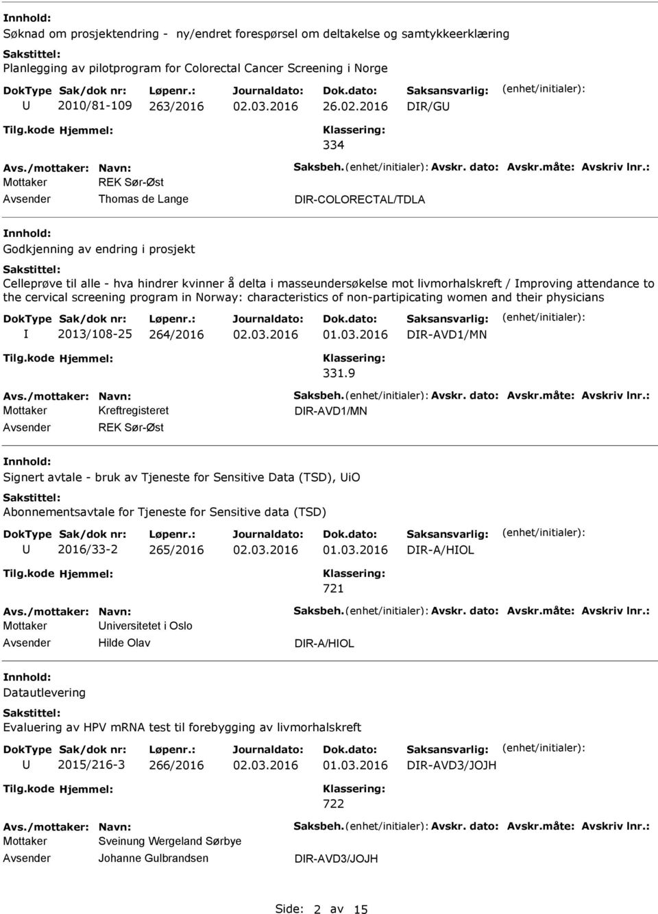 mproving attendance to the cervical screening program in Norway: characteristics of non-partipicating women and their physicians 2013/108-25 264/2016 DR-AVD1/MN 331.