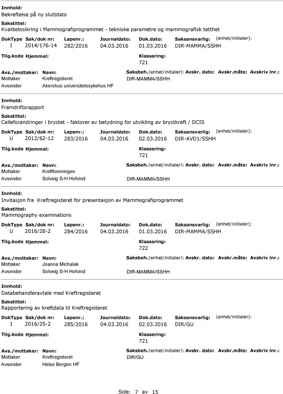 Kreftforeningen Solveig S-H Hofvind DR-MAMMA/SSHH nvitasjon fra Kreftregisteret for presentasjon av Mammografiprogrammet Mammography examinations 2016/28-2 284/2016 DR-MAMMA/SSHH