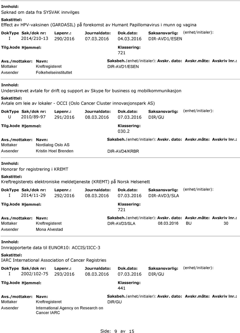 2 Mottaker Nordialog Oslo AS Kristin Hoel Brenden DR-AVD4/KRBR Honorar for registrering i KREMT Kreftregisterets elektroniske meldetjeneste (KREMT) på Norsk Helsenett 2014/11-29 292/2016 DR-AVD3/SLA