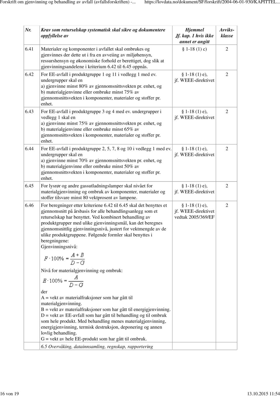 kriterium 6.4 til 6.45 oppnås. 6.4 For EE-avfall i produktgruppe og i vedlegg med ev. undergrupper skal en a) gjenvinne minst 80% av gjennomsnittsvekten pr.