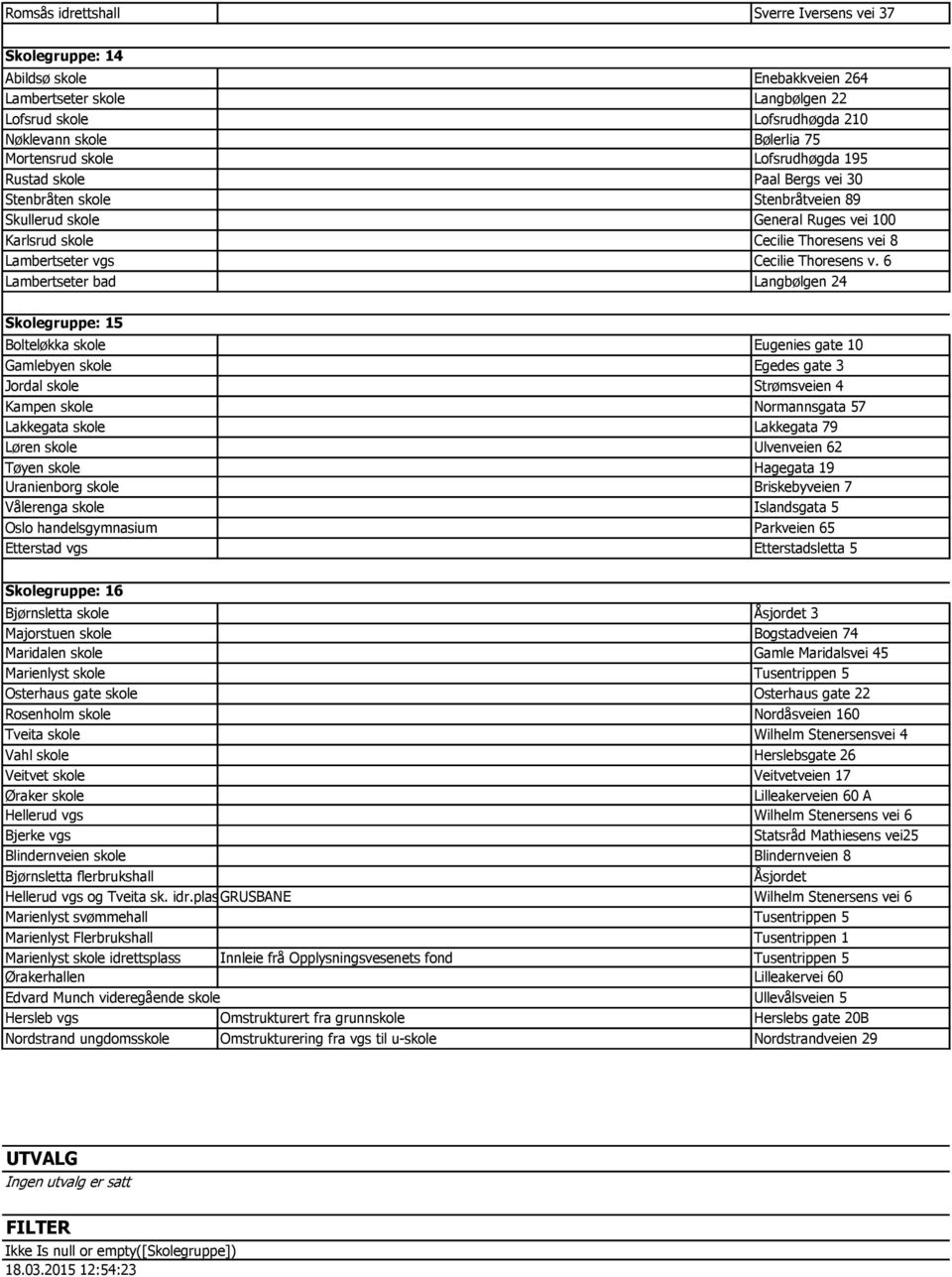 6 Lambertseter bad Langbølgen 24 Skolegruppe: 15 Bolteløkka skole Eugenies gate 10 Gamlebyen skole Egedes gate 3 Jordal skole Strømsveien 4 Kampen skole Normannsgata 57 Lakkegata skole Lakkegata 79