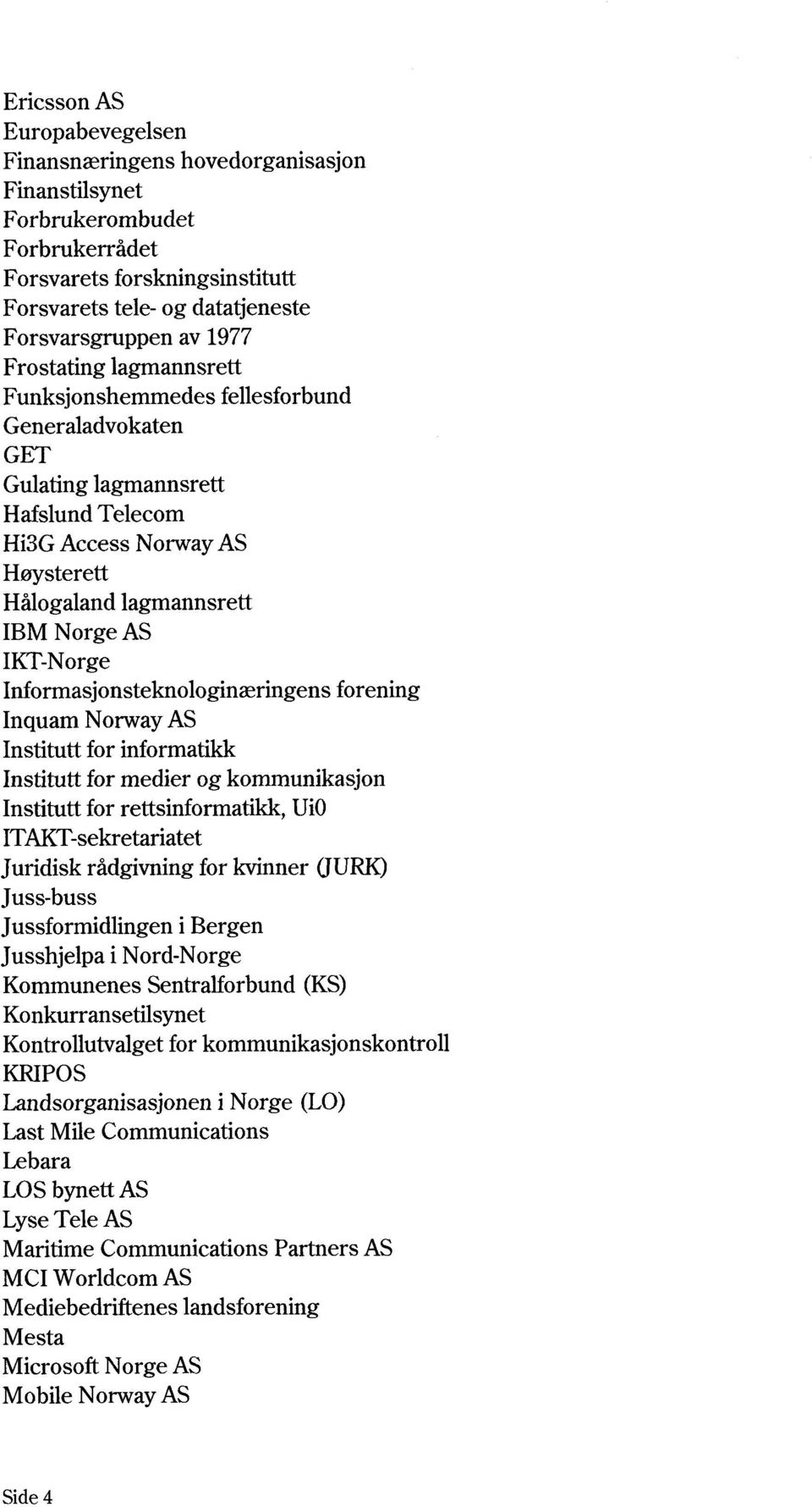 Informasjonsteknologinæringens forening Inquam Norway AS Institutt for informatikk Institutt for medier og kommunikasjon Institutt for rettsinformatikk, Ui0 ITAKT-sekretariatet Juridisk rådgivning