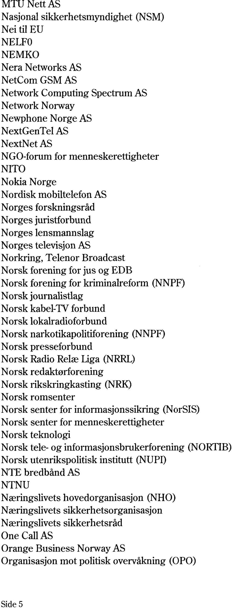 og EDB Norsk forening for kriminalreform (NNPF) Norsk journalistlag Norsk kabel-tv forbund Norsk lokalradioforbund Norsk narkotikapolitiforening (NNPF) Norsk presseforbund Norsk Radio Relæ Liga