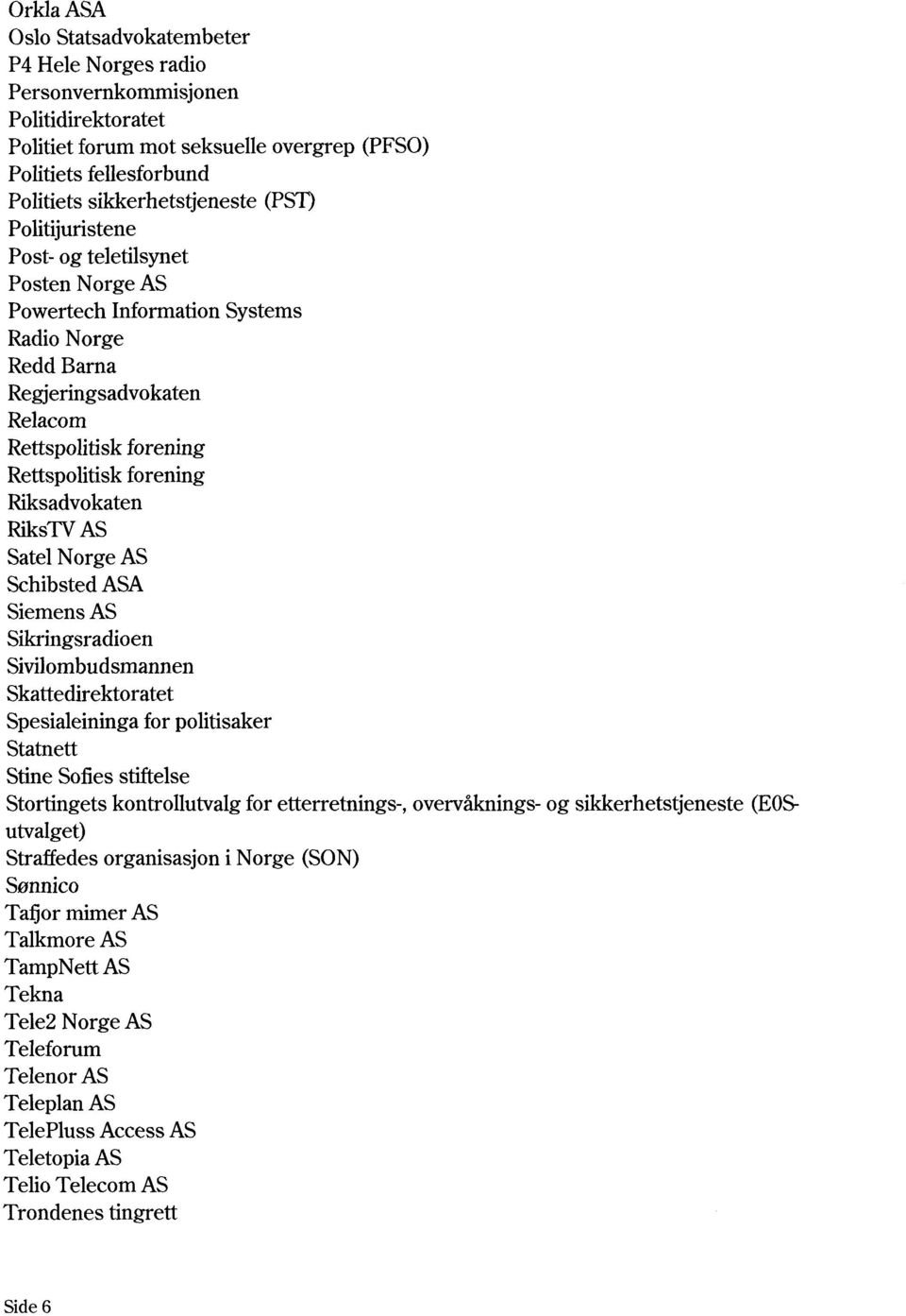 Riksadvokaten RiksTV AS Satel Norge AS Schibsted ASA Siemens AS Sikringsradioen Sivilombudsmannen Skattedirektoratet Spesialeininga for politisaker Statnett Stine Sofies stiftelse Stortingets