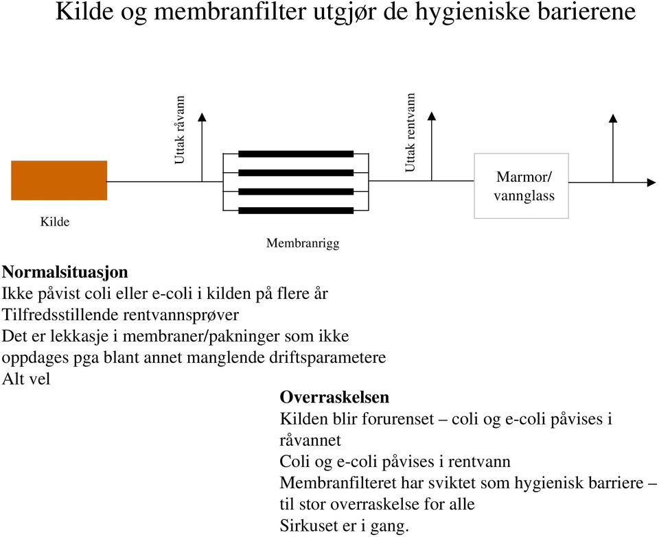 membraner/pakninger som ikke oppdages pga blant annet manglende driftsparametere Alt vel Overraskelsen Kilden blir forurenset coli