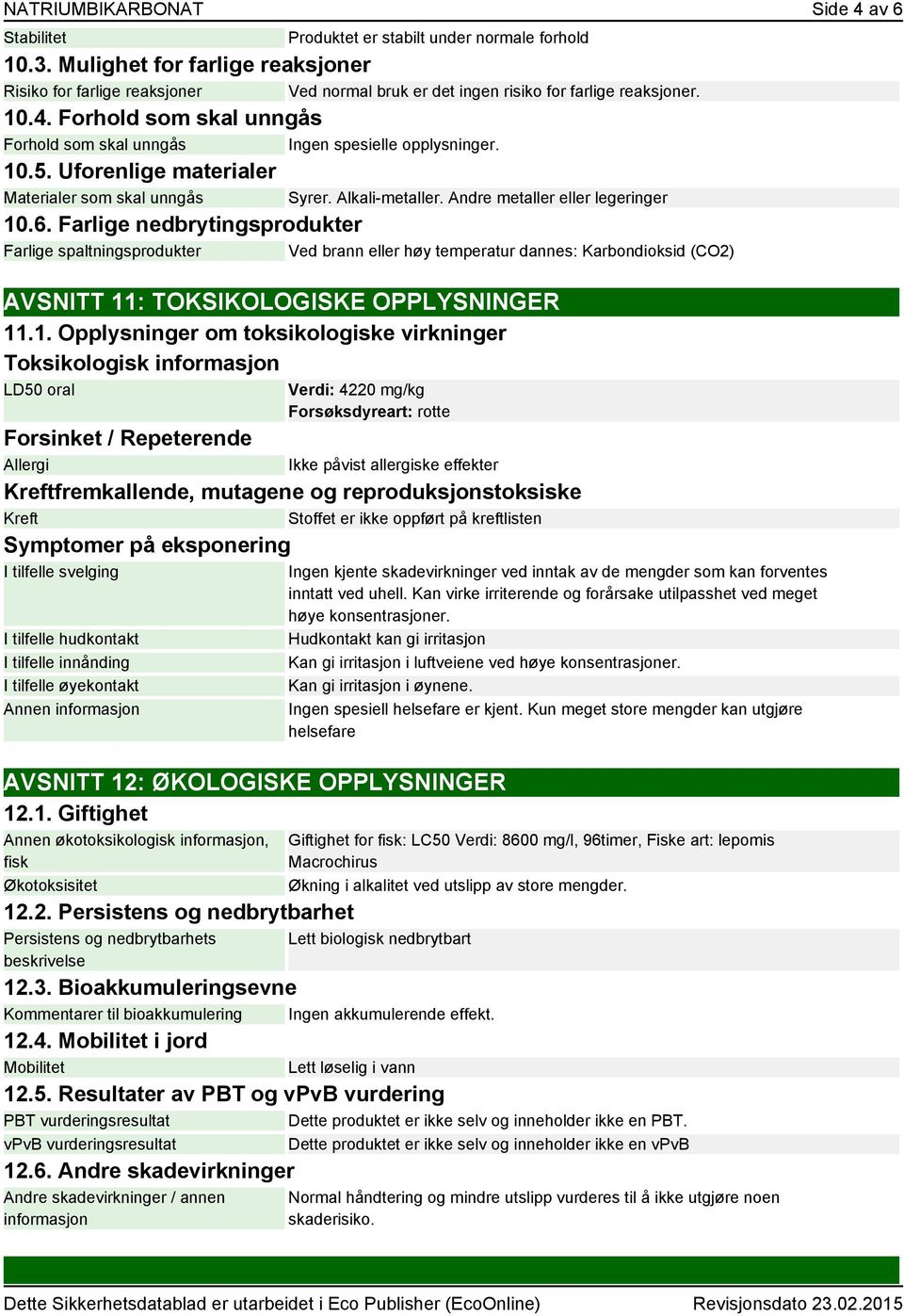 Forhold som skal unngås Forhold som skal unngås Ingen spesielle opplysninger. 10.5. Uforenlige materialer Materialer som skal unngås Syrer. Alkali-metaller. Andre metaller eller legeringer 10.6.