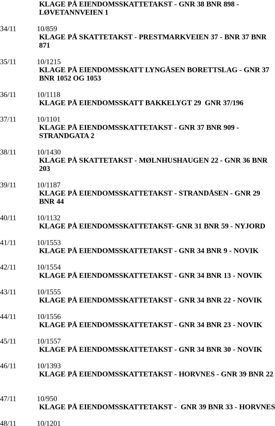 MØLNHUSHAUGEN 22 - GNR 36 BNR 203 39/11 10/1187 KLAGE PÅ EENDOMSSKATTETAKST - STRANDÅSEN - GNR 29 BNR 44 40/11 10/1132 KLAGE PÅ EENDOMSSKATTETAKST- GNR 31 BNR 59 - NYJORD 41/11 10/1553 KLAGE PÅ