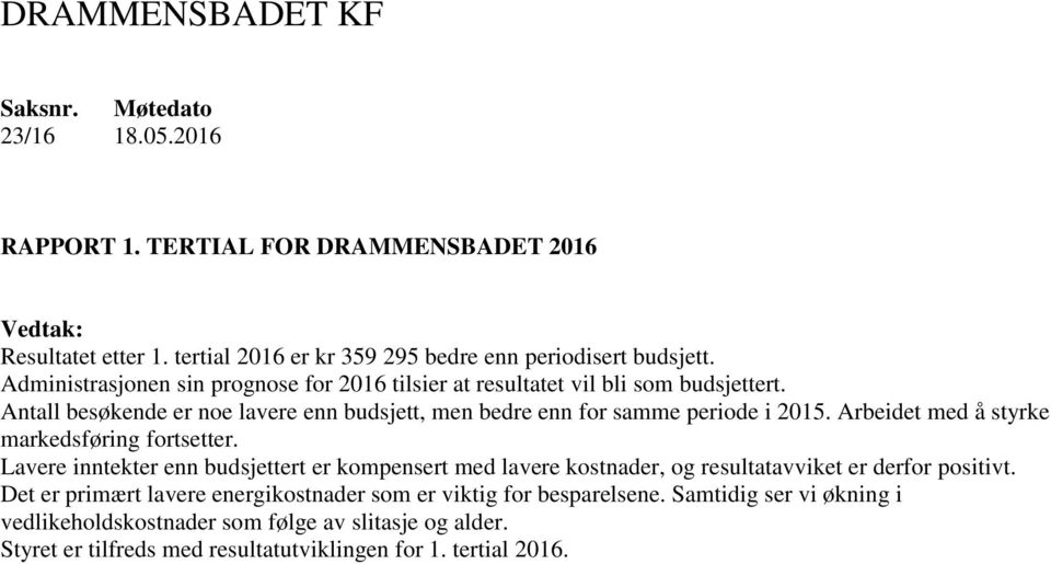 Arbeidet med å styrke markedsføring fortsetter. Lavere inntekter enn budsjettert er kompensert med lavere kostnader, og resultatavviket er derfor positivt.