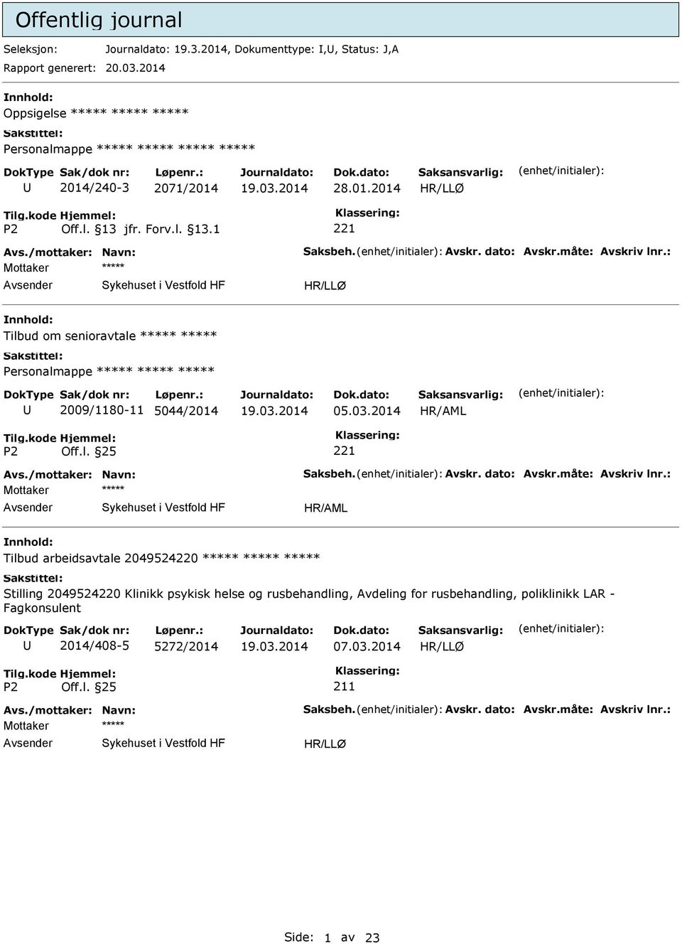 03.2014 Mottaker Tilbud arbeidsavtale 2049524220 Stilling 2049524220 Klinikk psykisk helse og rusbehandling,