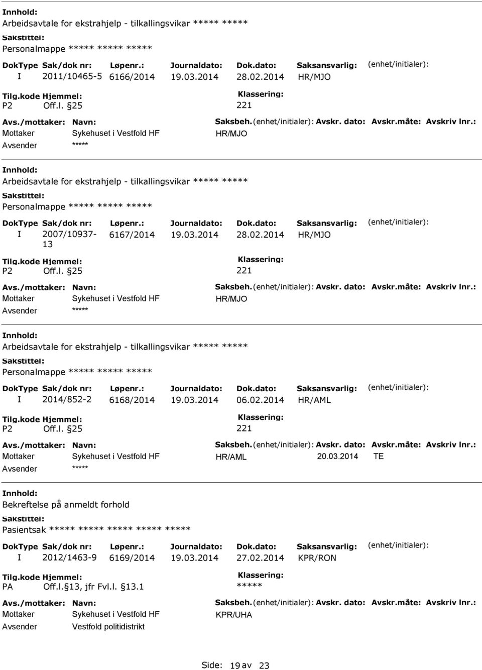 : 6167/2014 28.02.2014 Arbeidsavtale for ekstrahjelp - tilkallingsvikar Personalmappe 2014/852-2 6168/2014 06.02.2014 20.