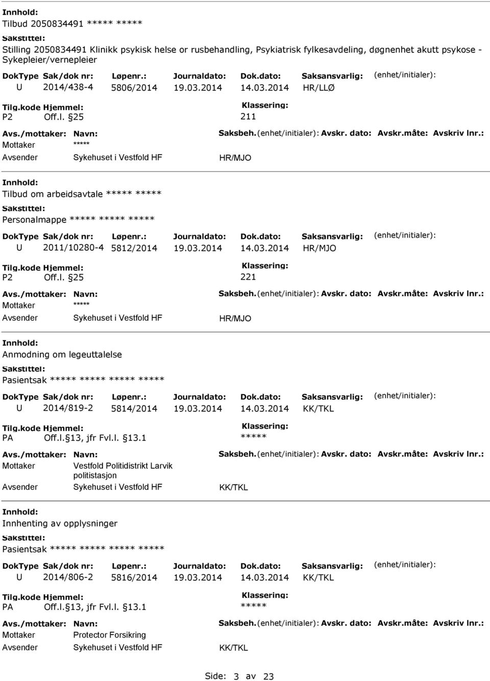 5812/2014 Mottaker Anmodning om legeuttalelse Pasientsak 2014/819-2 5814/2014 KK/TKL Mottaker Vestfold Politidistrikt Larvik