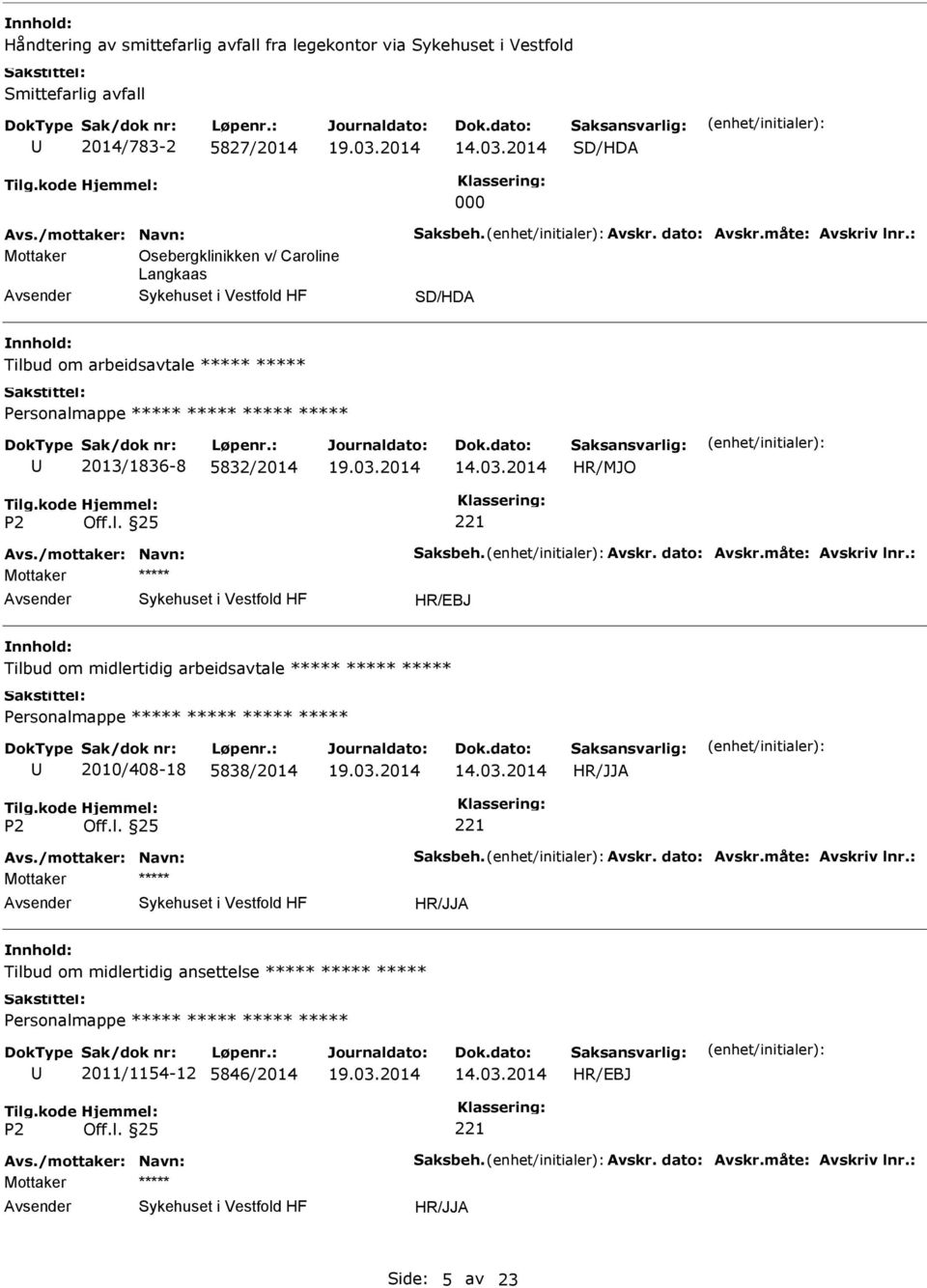 Personalmappe 2013/1836-8 5832/2014 Mottaker HR/EBJ Tilbud om midlertidig arbeidsavtale Personalmappe