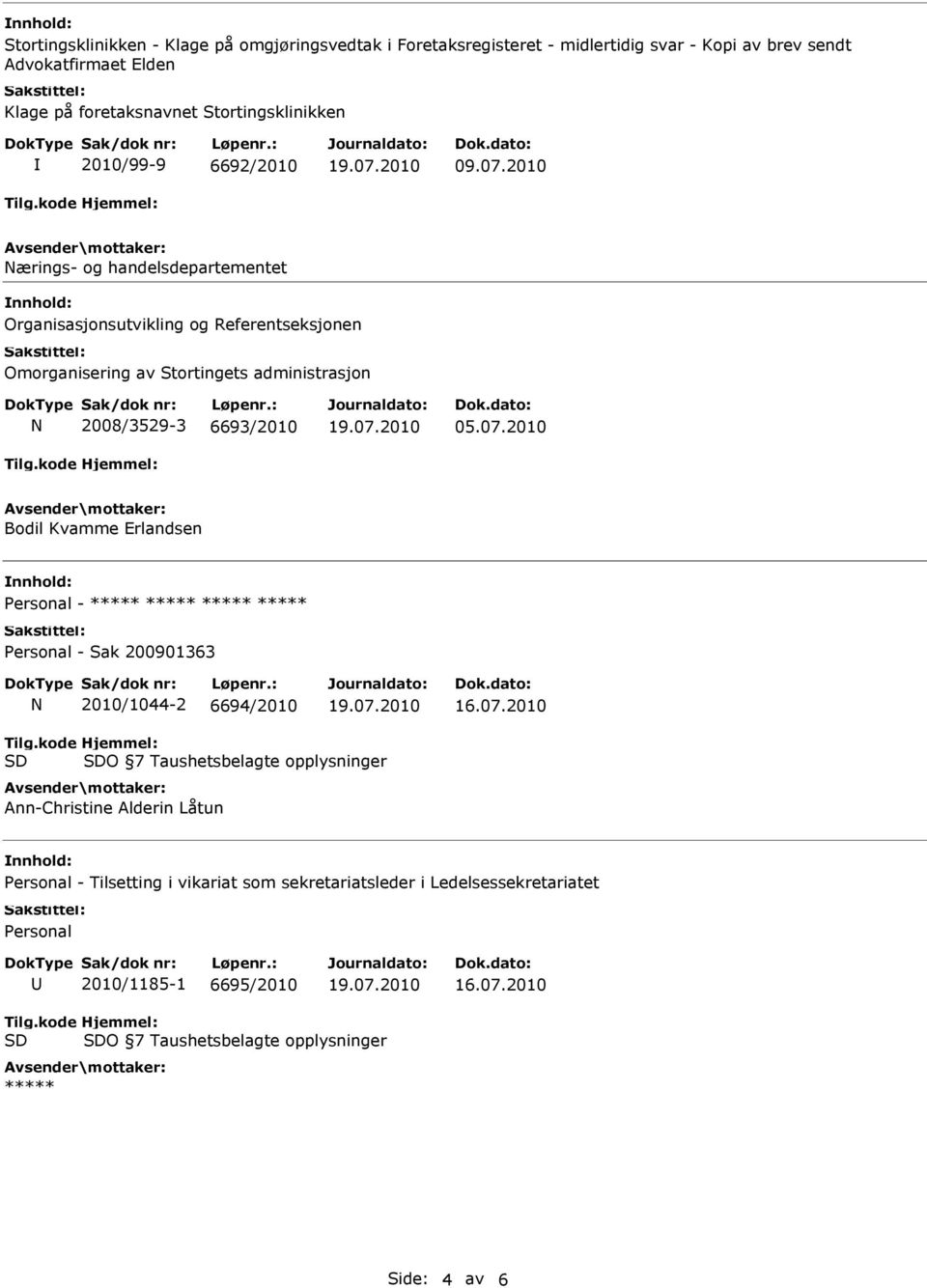 kode SD Hjemmel: SDO 7 Taushetsbelagte opplysninger Ann-Christine Alderin Låtun Personal - Tilsetting i vikariat som sekretariatsleder i Ledelsessekretariatet Personal 2010/1185-1