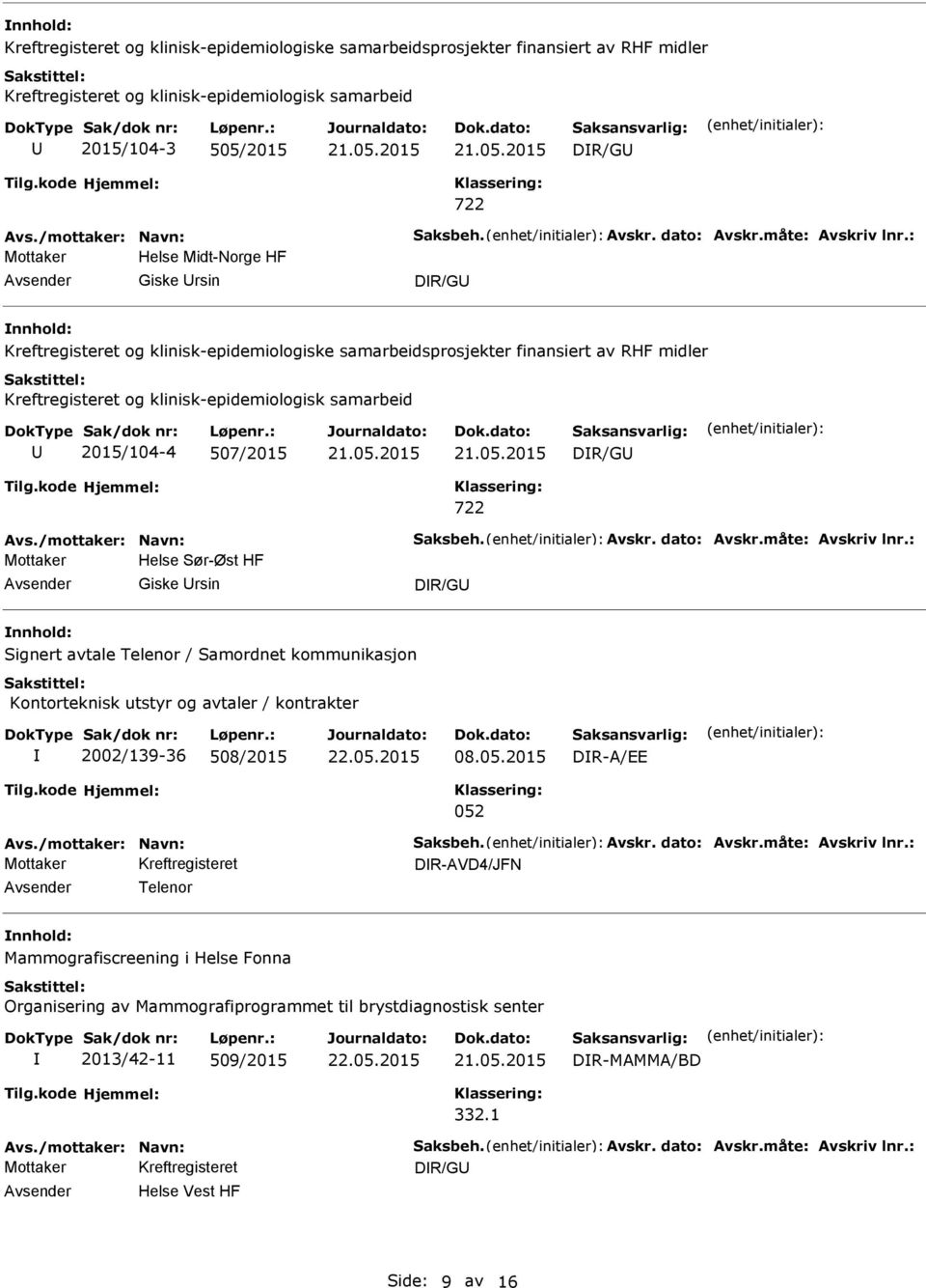 : Mottaker Helse Midt-Norge HF Giske rsin Kreftregisteret og klinisk-epidemiologiske samarbeidsprosjekter finansiert av RHF midler Kreftregisteret og klinisk-epidemiologisk samarbeid 2015/104-4