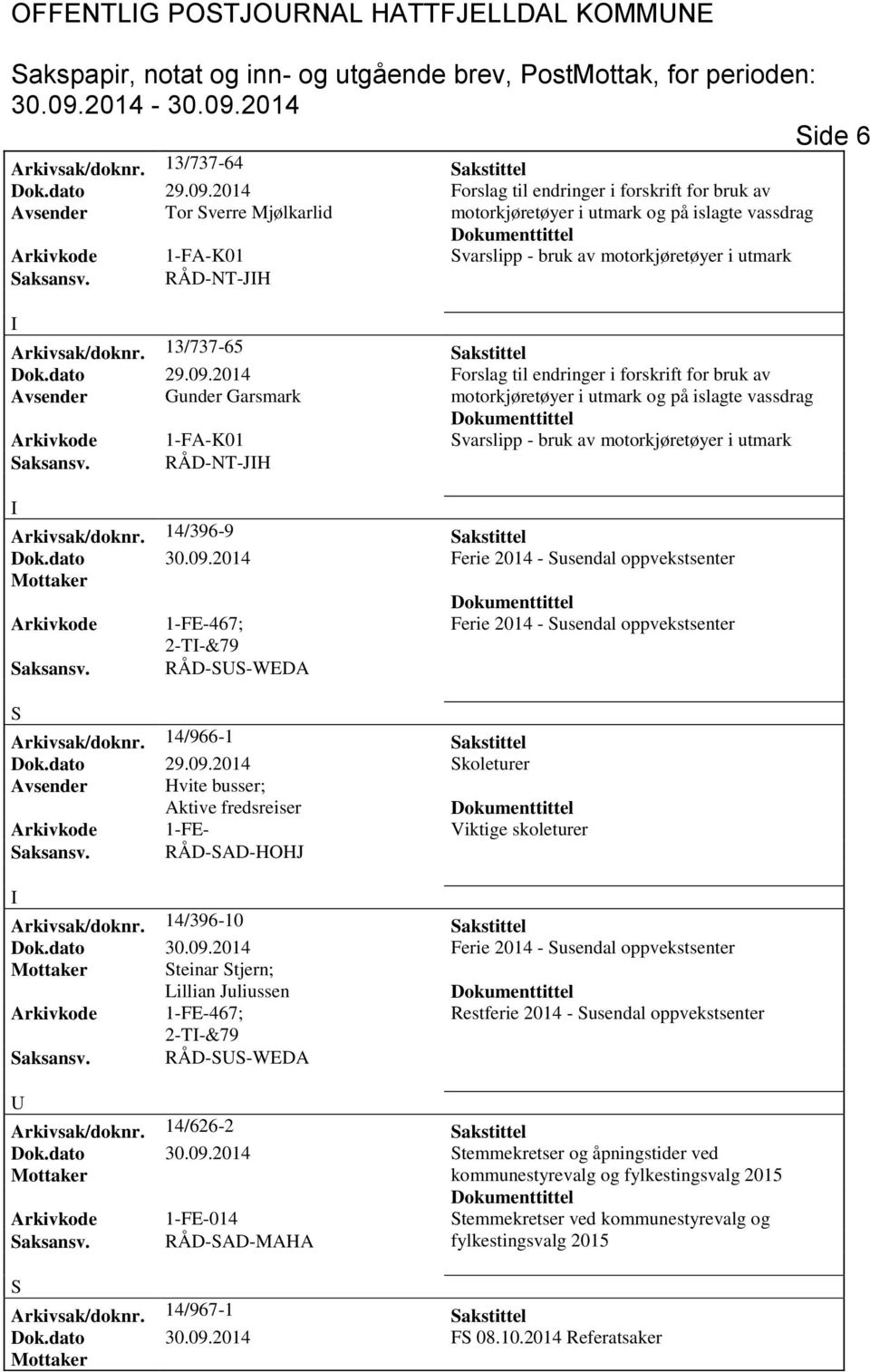 13/737-65 akstittel Avsender Gunder Garsmark Arkivkode 1-FA-K01 varslipp - bruk av motorkjøretøyer i utmark aksansv. RÅD-NT-JH Arkivsak/doknr. 14/396-9 akstittel Dok.dato 30.09.