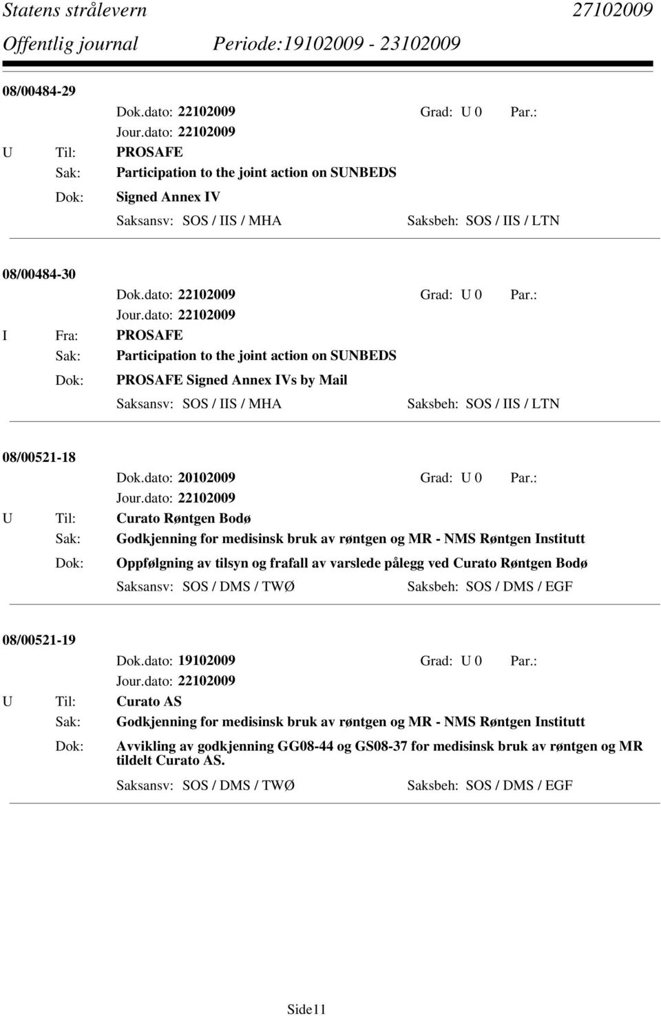 Oppfølgning av tilsyn og frafall av varslede pålegg ved Curato Røntgen Bodø Saksbeh: SOS / DMS / EGF 08/00521-19 Dok.dato: 19102009 Grad: U 0 Par.