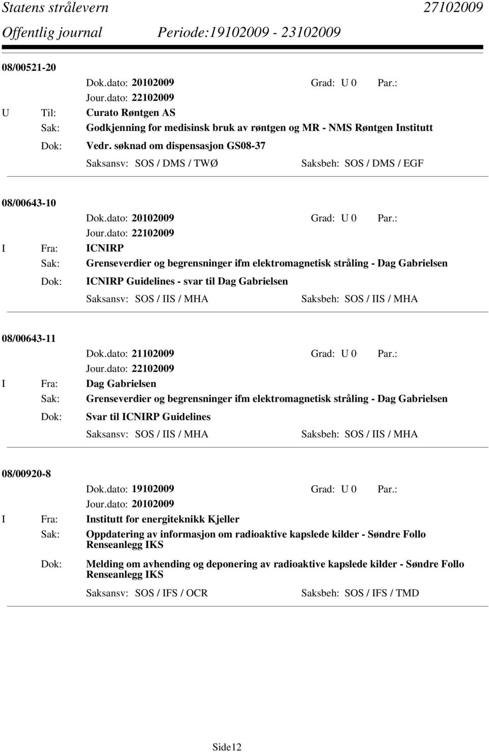 Gabrielsen Saksbeh: SOS / IIS / MHA 08/00643-11 Dok.dato: 21102009 Grad: U 0 Par.