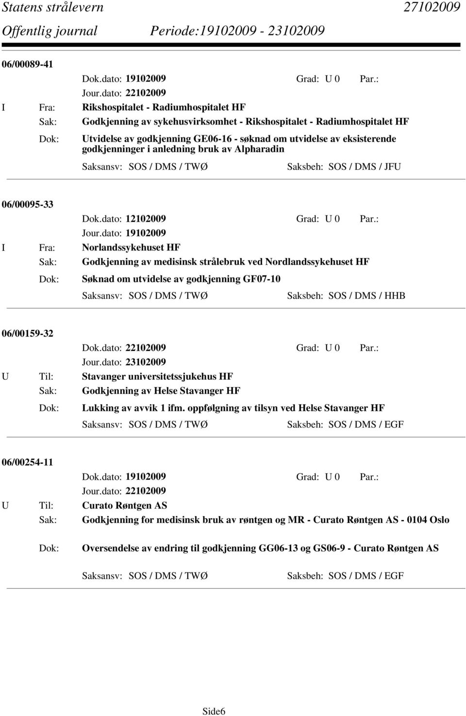 godkjenninger i anledning bruk av Alpharadin Saksbeh: SOS / DMS / JFU 06/00095-33 Dok.dato: 12102009 Grad: U 0 Par.: Jour.