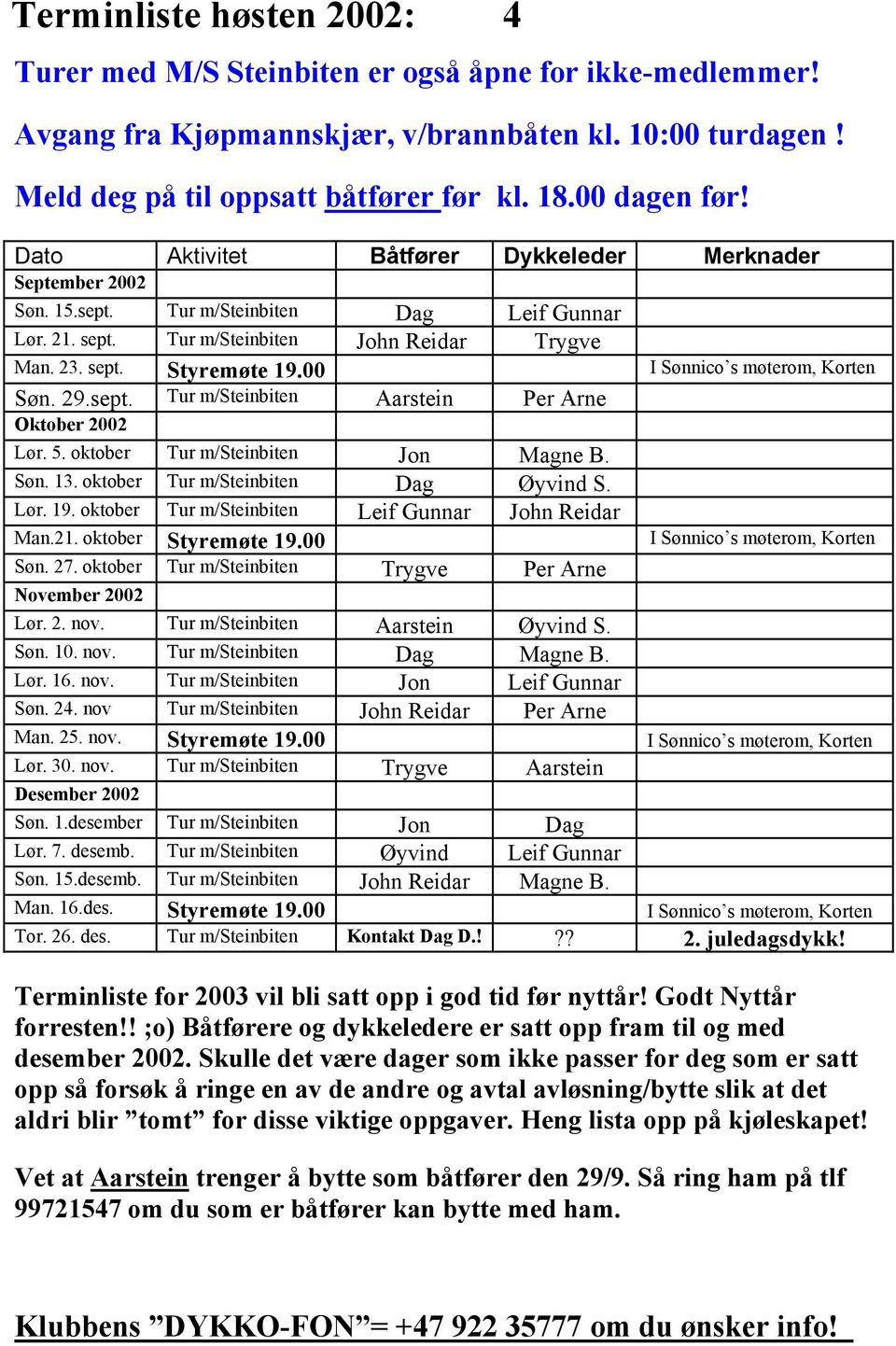 00 I Sønnico s møterom, Korten Søn. 29.sept. Tur m/steinbiten Aarstein Per Arne Oktober 2002 Lør. 5. oktober Tur m/steinbiten Jon Magne B. Søn. 13. oktober Tur m/steinbiten Dag Øyvind S. Lør. 19.