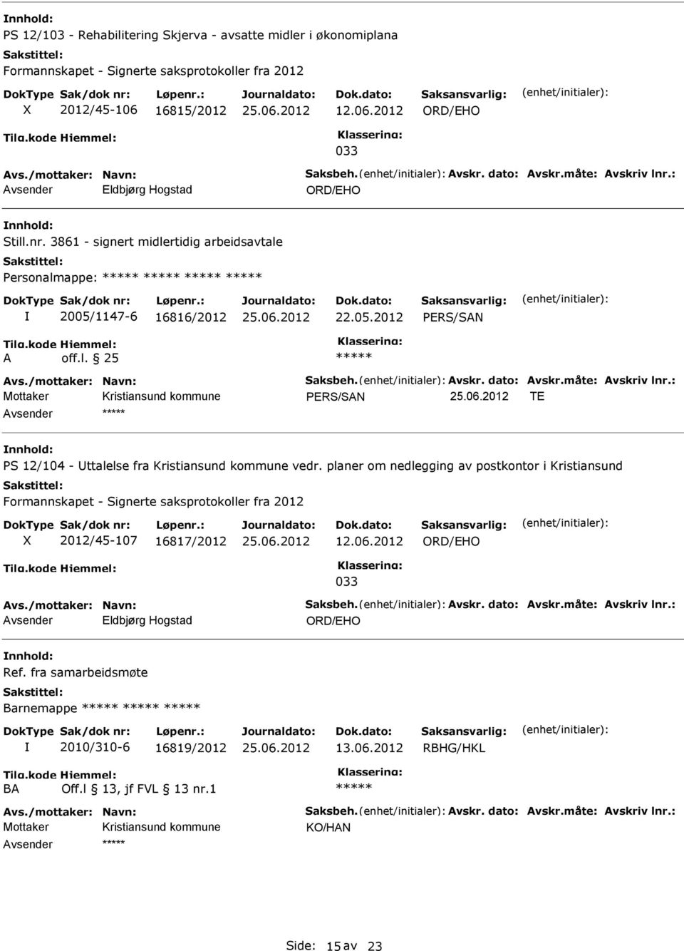 planer om nedlegging av postkontor i Kristiansund 2012/45-107 16817/2012 vsender Eldbjørg Hogstad Ref.