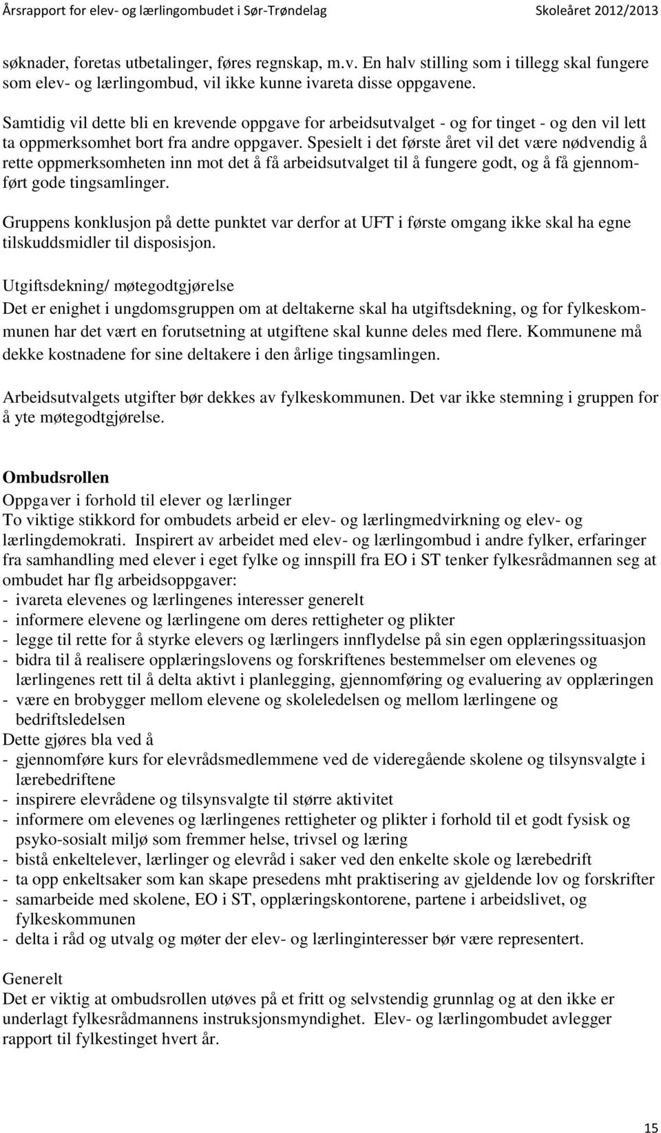 Spesielt i det første året vil det være nødvendig å rette oppmerksomheten inn mot det å få arbeidsutvalget til å fungere godt, og å få gjennomført gode tingsamlinger.